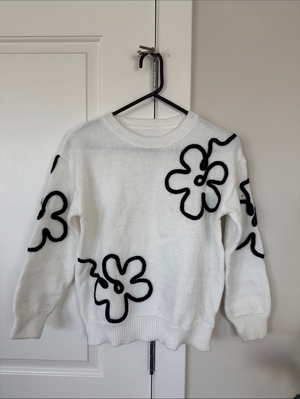 White Floral Accent Crewneck Sweater - Women